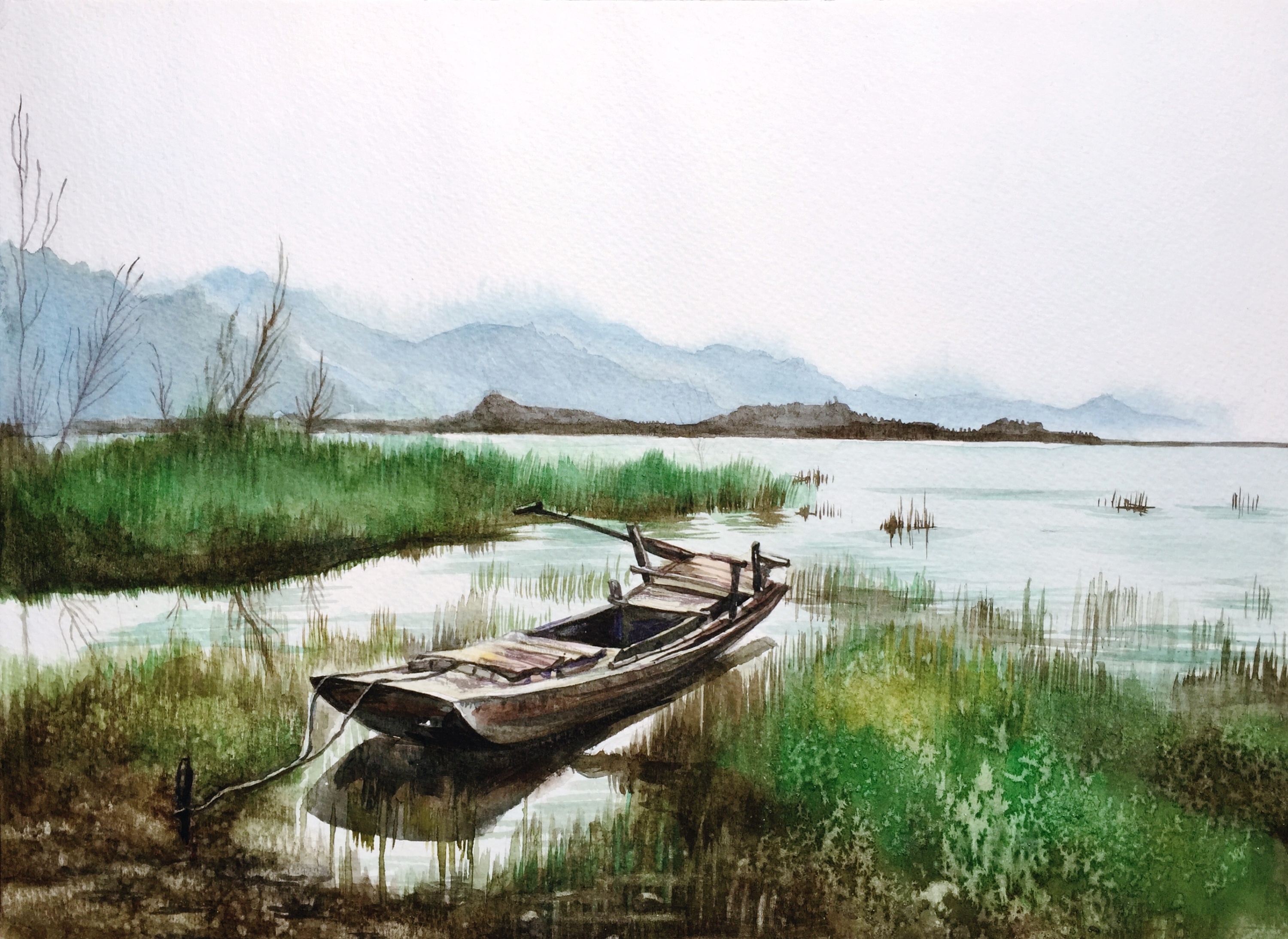 官厅残舟——水彩风景