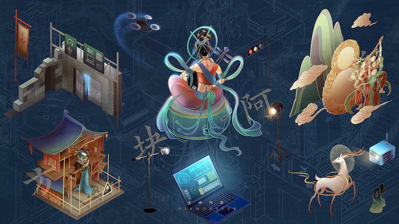 古今穿越-东方赛博（图ZMjc3MzUwNzg4） - 商业插画 - 站酷设计师方块阿兽原创素材 - 站酷ZCOOL