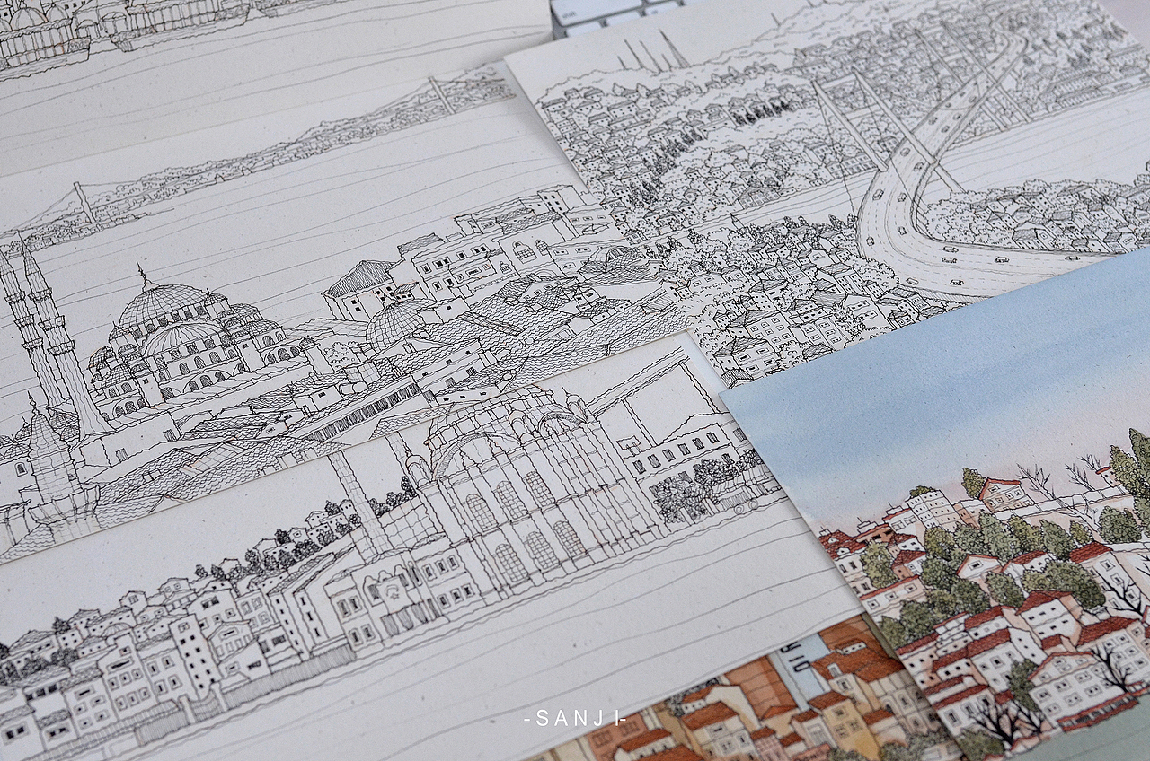 城市建筑-手绘（图ZMjM4NjA3MTQ4） - 商业插画 - 站酷设计师SanJi三吉原创素材 - 站酷ZCOOL