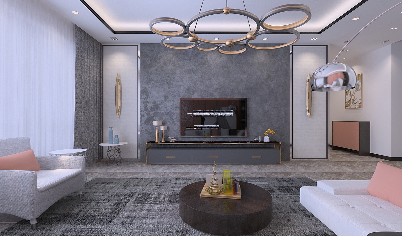 水泥灰质感的电视背景墙延续沙发背景墙的水泥灰,三段式的设计,让整个空间背景墙有了庄重感,两边搭配乳白色亚麻质感的集成板,以银色镜面不锈钢收边,呼应沙发背景墙的银色金属灯具,给人以空间饱满感。电视柜同样采取灰色,搭配一些金色金属的边框,使得灰色电视柜也不再那么沉闷。两边的金色金属墙饰更是点睛之笔,使得原本沉闷的电视背景墙,有了灵魂。进门处搭配粉色黑胡桃木色的鞋柜,使颜色更趋于统一。让空间干净利落。