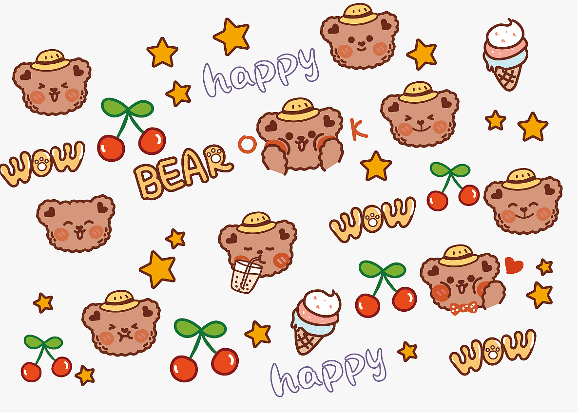 卡通手绘可爱熊表情包插画设计图案卡片贴纸毯子文创