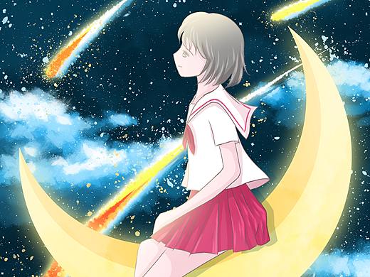 在月亮上看流星的女孩
