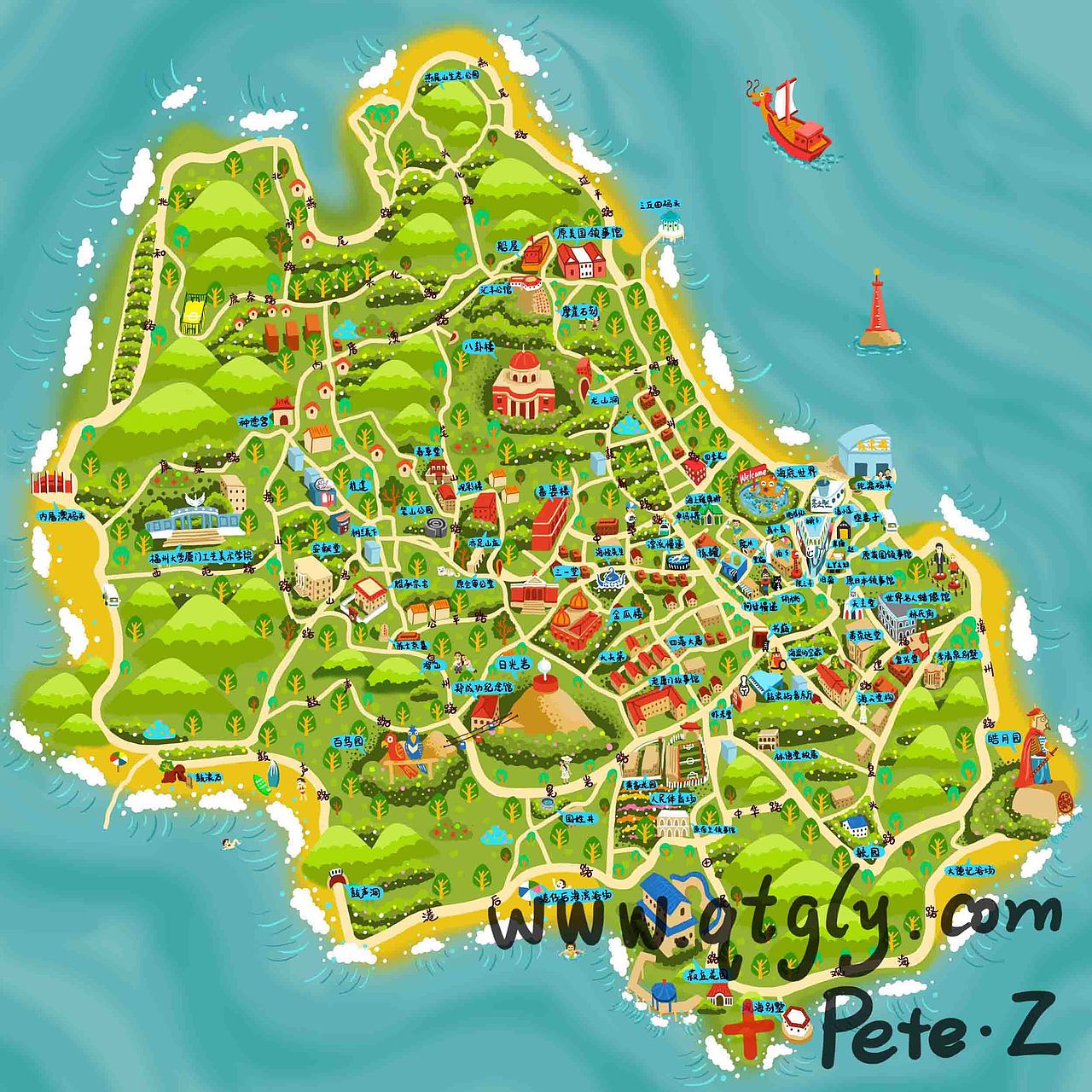 鼓浪屿手绘地图（图ZMTAzNjYyODA=） - 商业插画 - 站酷设计师PeteZheng原创素材 - 站酷ZCOOL