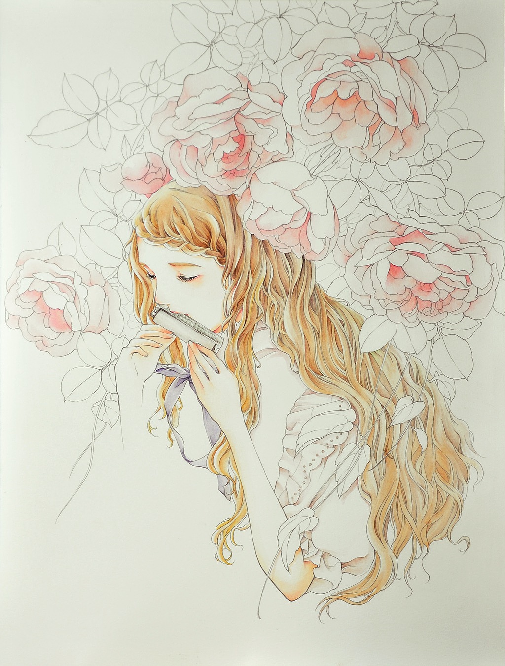 然后开始为人物的衣物上色吧。这幅画突出的不是人物的衣服,所以猫小姐采用素色来轻描淡写了。白色衣服的阴影颜色可以有很多种,为了迎合这幅画的主色调,猫小姐用了较暖的酱色来表现。丝带的颜色考虑的真个画面得有一种颜色较为跳跃,选了紫色。跳跃的颜色可以使画面灵动,但一定要掌握用量,不能喧宾夺主。
衣物完成后,顺带给花朵也定义了基色。