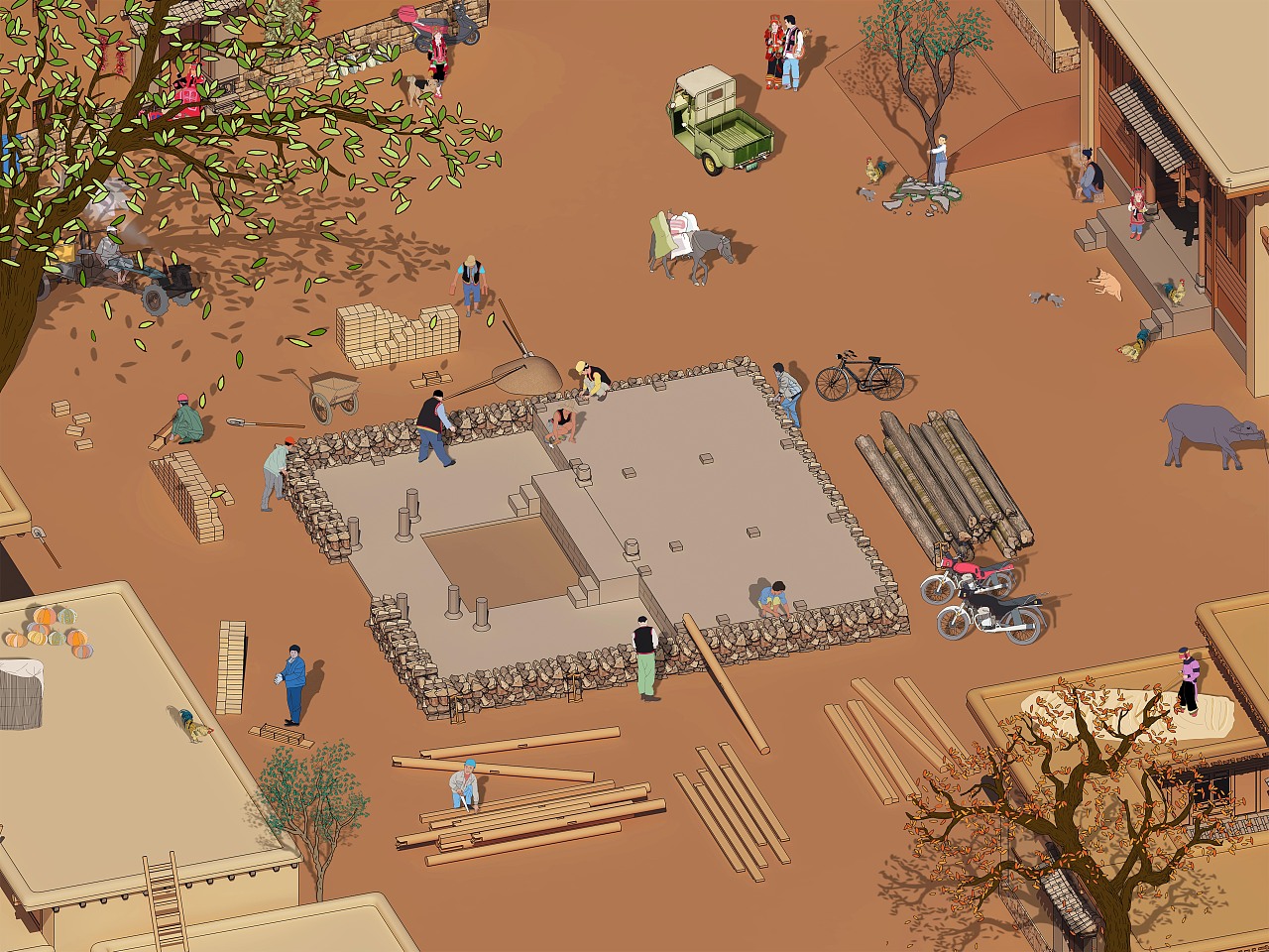 彝族花腰土掌房建造过程