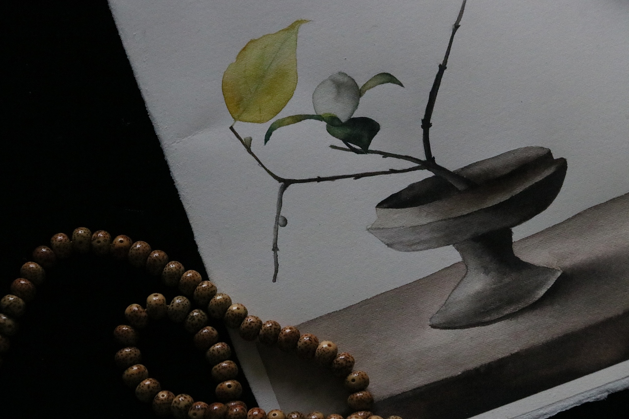 水彩练习禅意插花