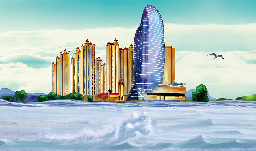 武汉黄鹤楼,龟山电视塔,江汉关大桥二桥全景长卷绘画_鲲鹏设计插画