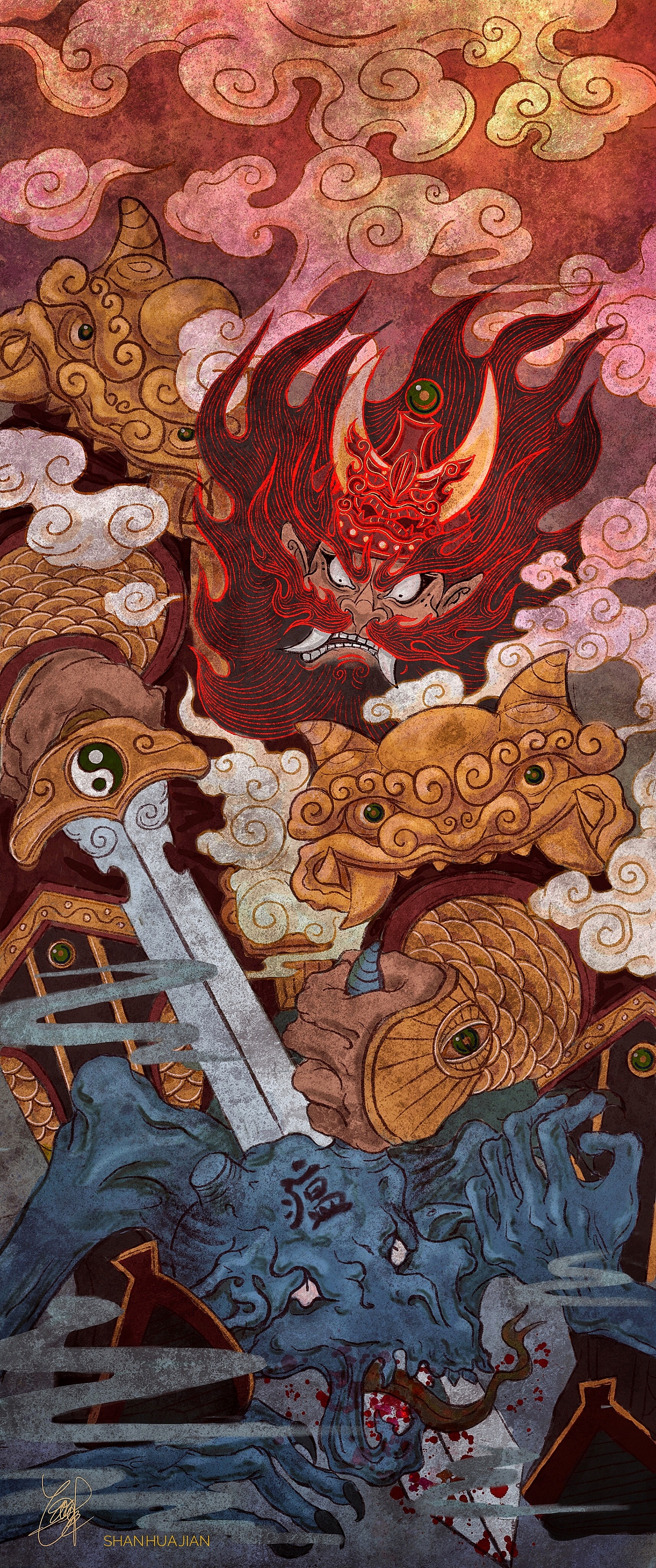 《钟馗斩瘟神》|插画|艺术插画|单也_原创作品-站酷zcool