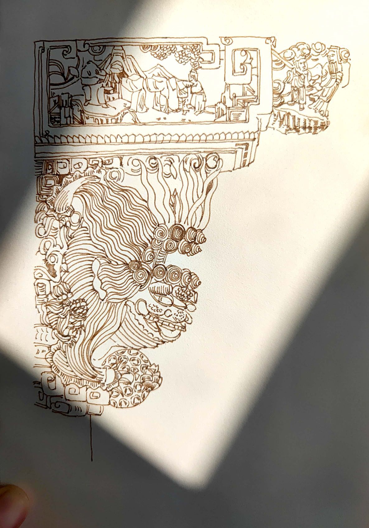 建筑木雕牛腿钢笔画