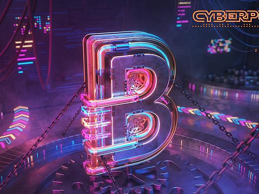 C4D三维金属质感机械字灯管字赛博朋克风文字海报制作
