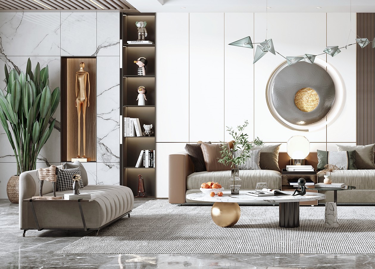 现代客厅餐厅，沙发，餐桌，电视柜，吊灯，装饰画（图ZMjMyMDIzMzEy） - VR设计 - 站酷设计师vx18055175522原创素材 - 站酷ZCOOL