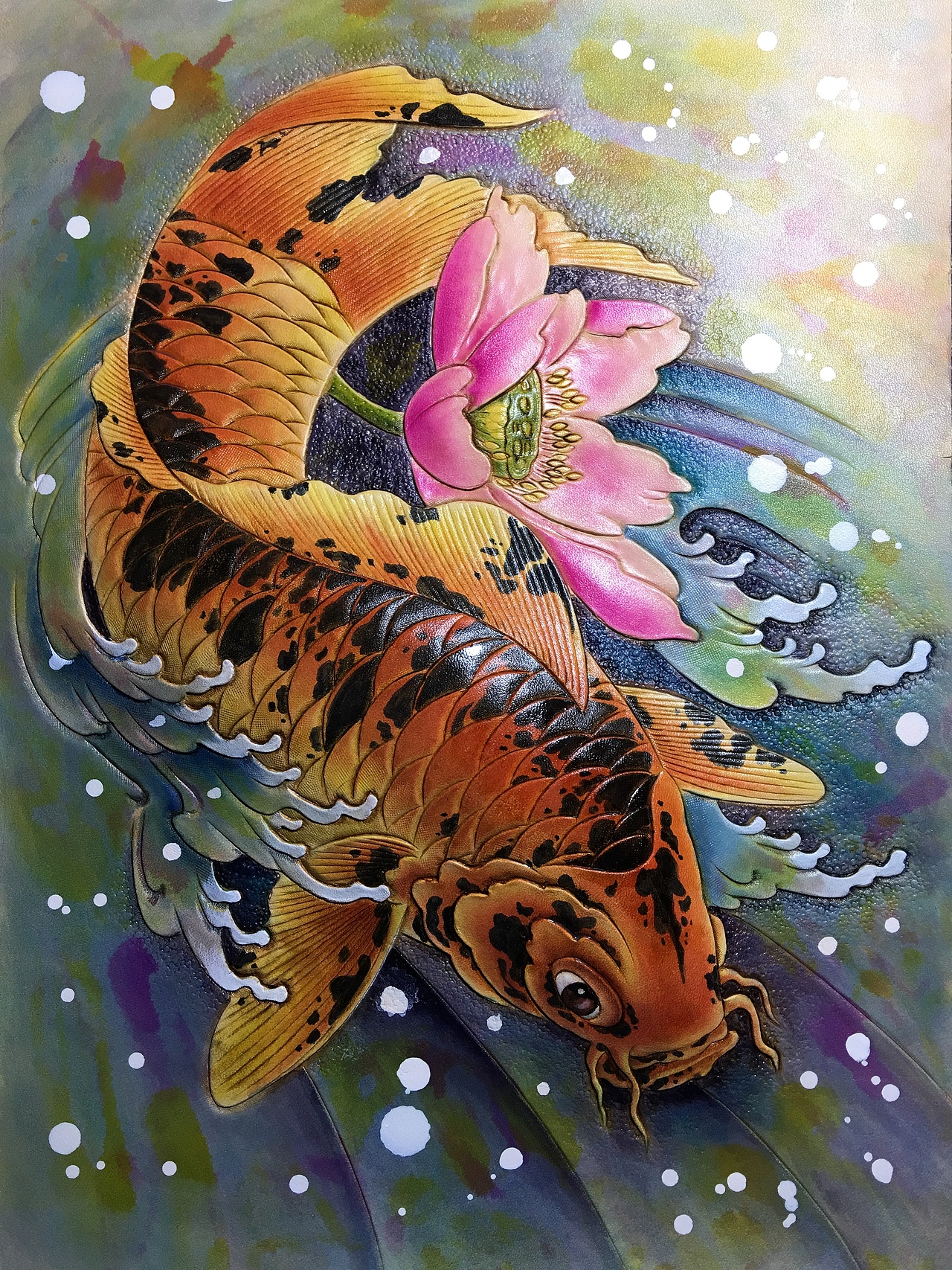皮雕画—-斑纹锦鲤（图ZMTQxMzM2Mjk2） - 工艺品设计 - 站酷设计师斑寅原创素材 - 站酷ZCOOL