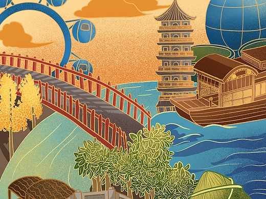 一张新国风细线条的我的家乡嘉兴