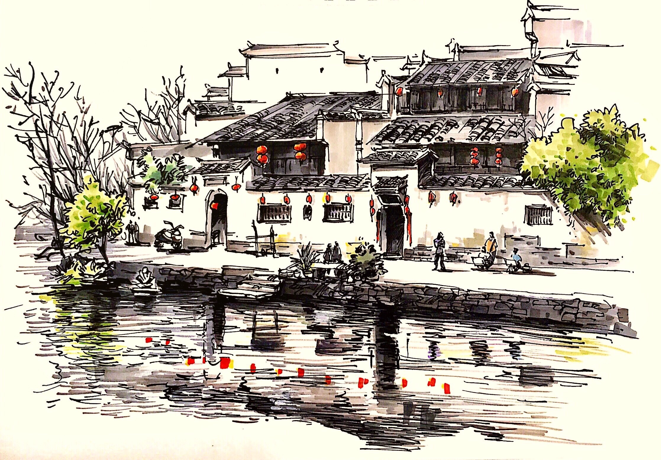 徽州古城 水墨画图片