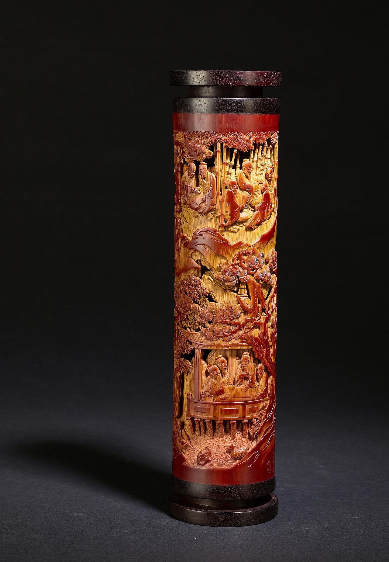 徽州竹雕-竹刻香筒《兰亭雅集》