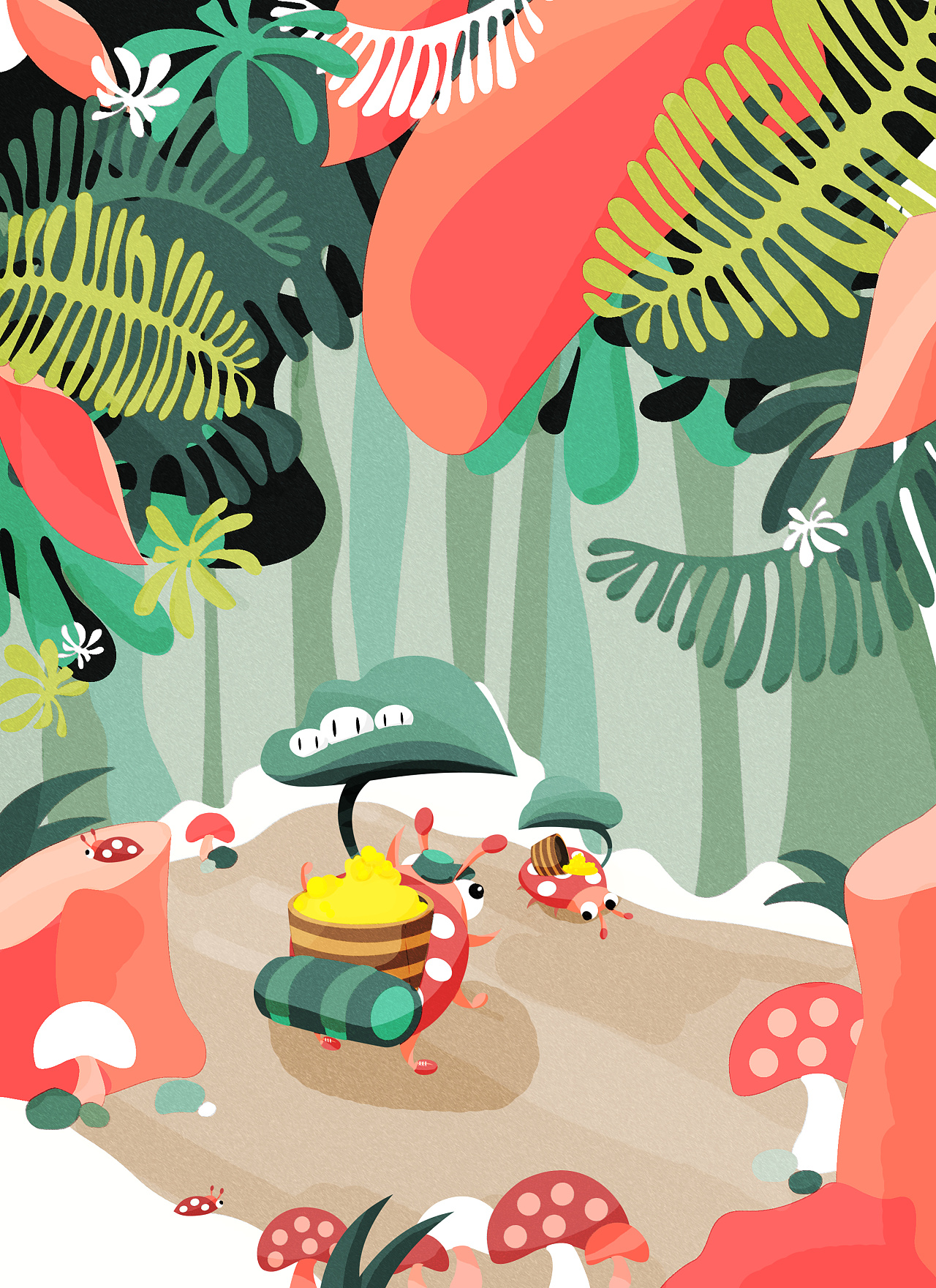 【插画】扁平风格儿童插画绘本甲壳虫丛林冒险