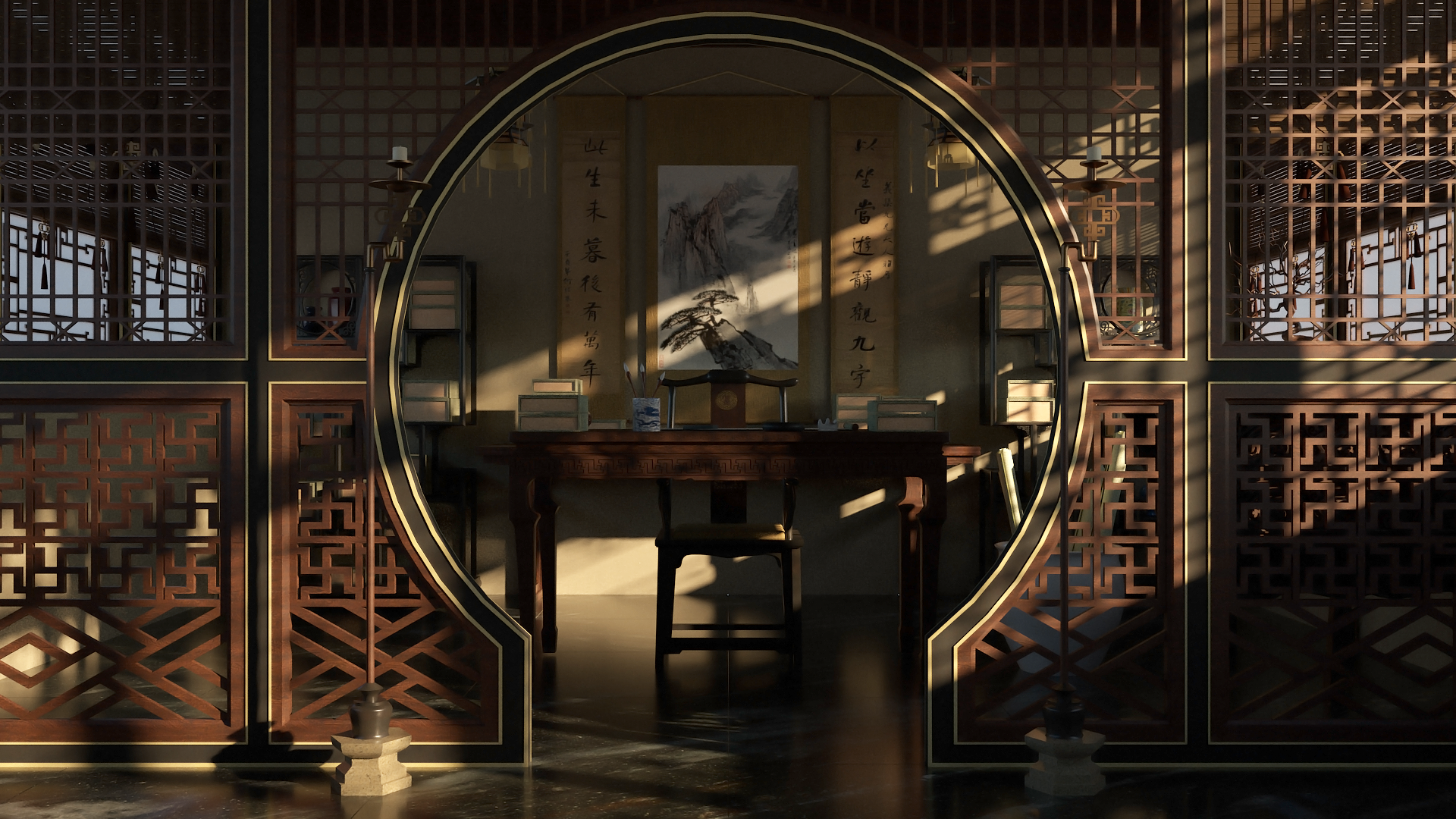 中国古代宫廷建筑模型室内书房三维模型渲染效果图