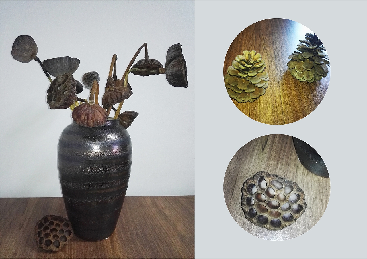 PS:装饰插花艺术品完成,花瓶是淘来的,干莲蓬亲自下荷塘采摘的,非常享受亲自动手的快乐,发现大自然中美的事物。