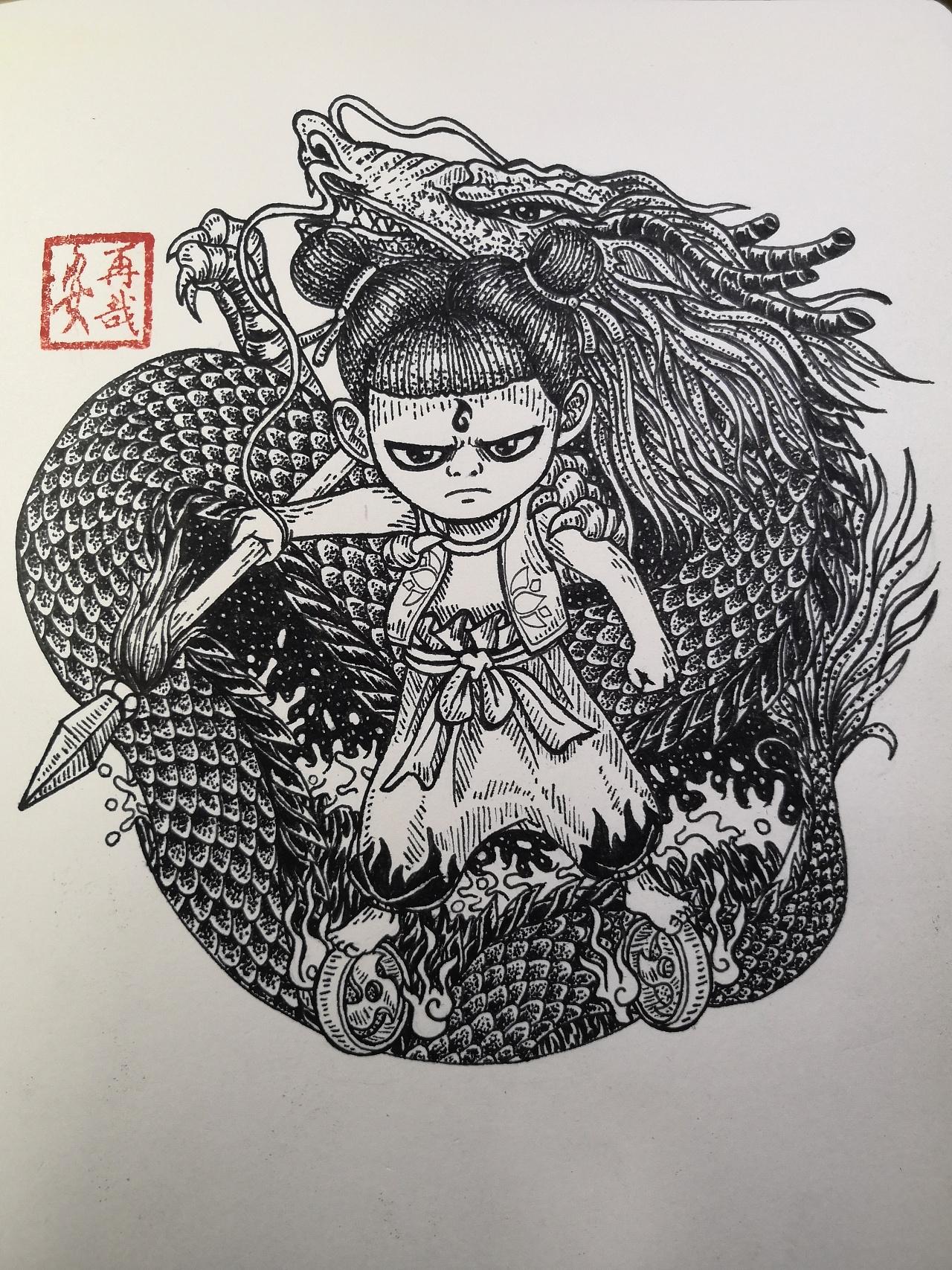 黑白插画—小哪吒|插画|创作习作|安再哉酷 - 原创作品 - 站酷 (zcool