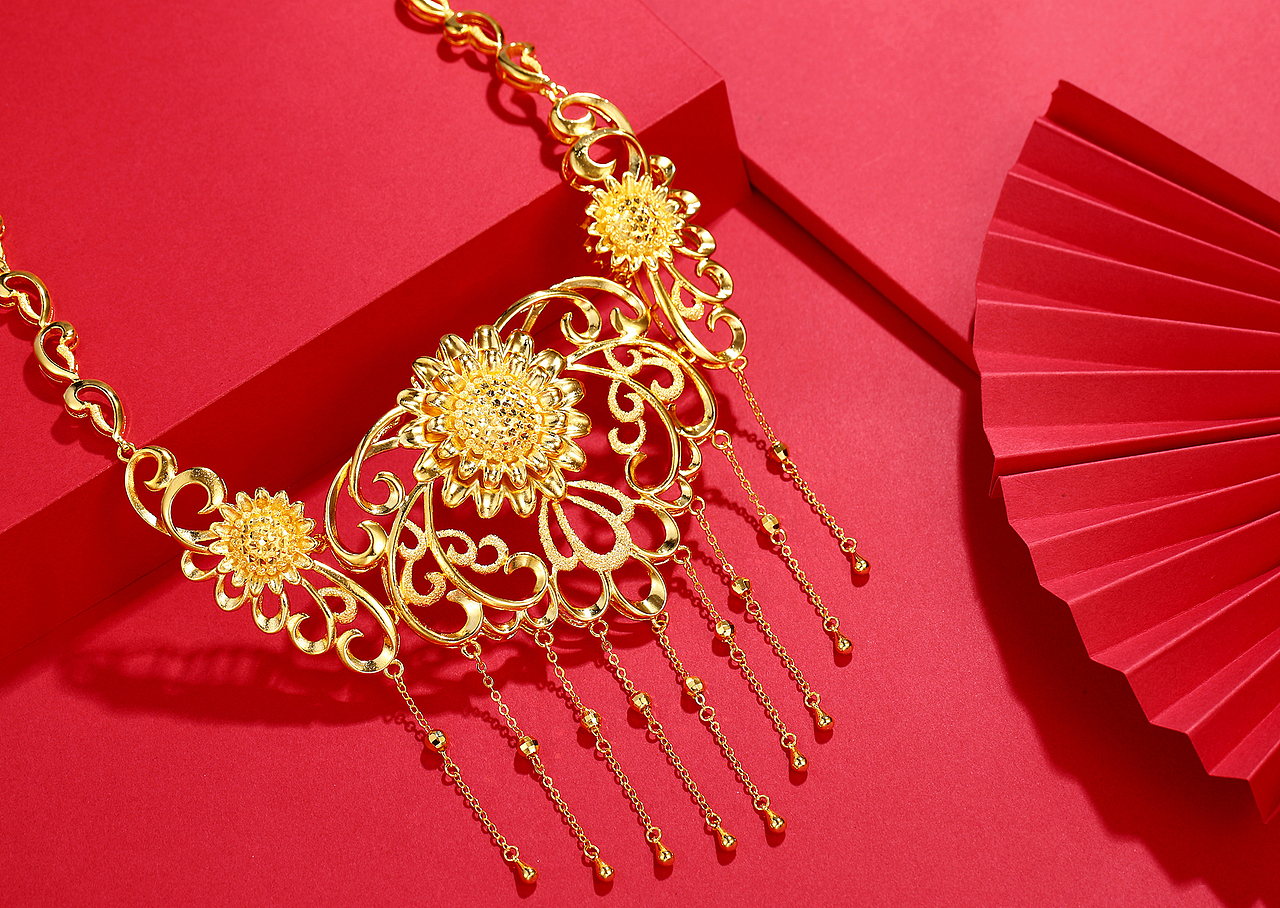 红底 中国金 中国红 婚庆饰品 黄金饰品 项链