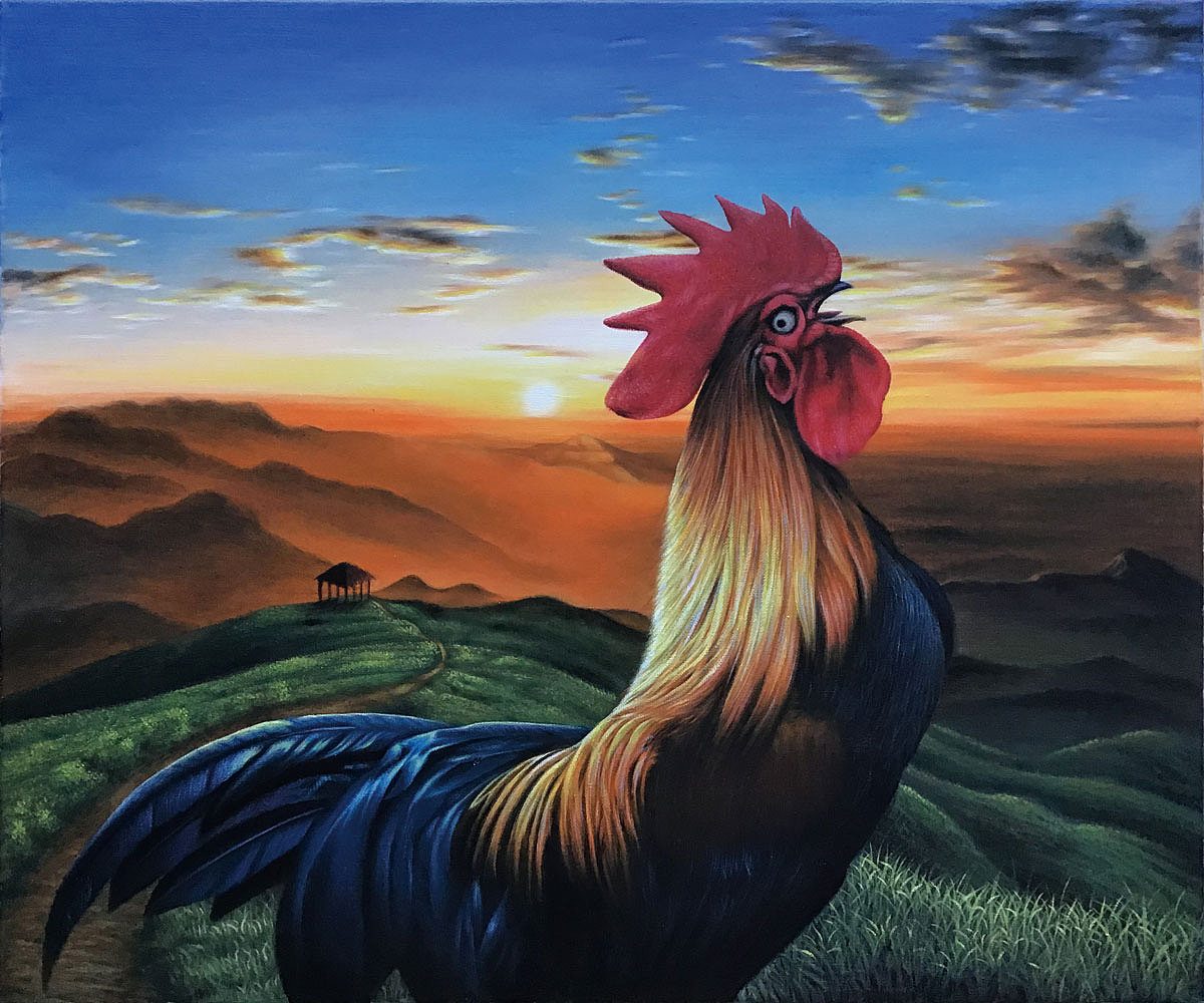 原创油画作品金鸡报晓