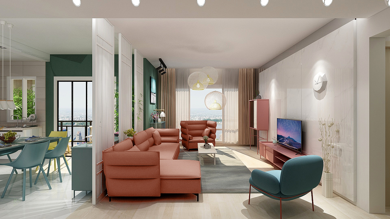 中心沙发采用同样将低饱和度的红色半月湾沙发、美术馆电视柜以及美术馆玻璃展示柜做视觉配重。