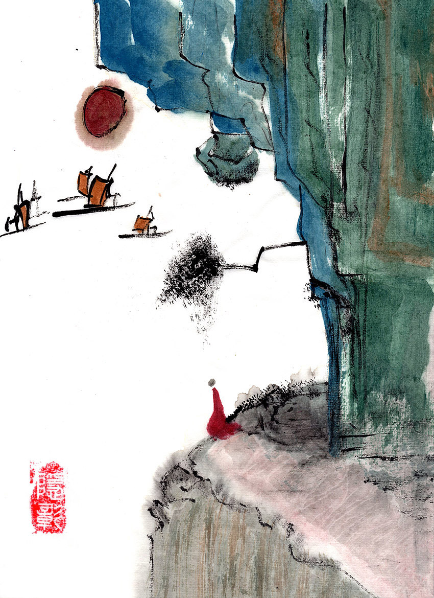 禅意画山崖悬崖峭壁帆船千帆过尽眺望远方意境插画简约