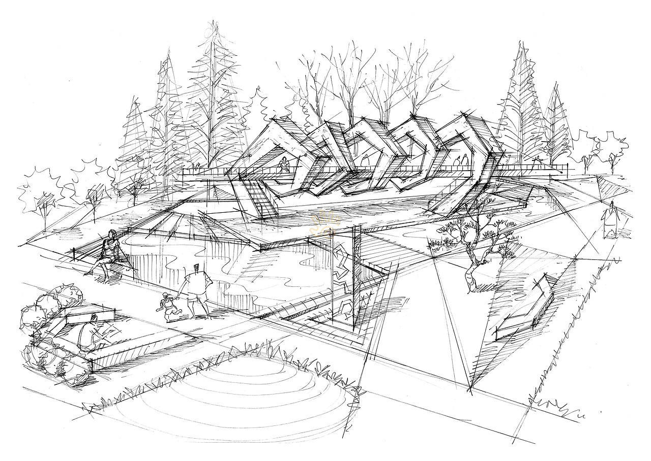 25例环艺建筑景观手绘透视线稿图