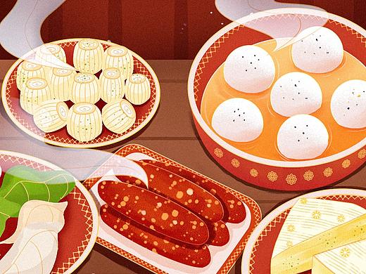 节日 I 小年 春节美食习俗汤圆香肠水饺原创插画