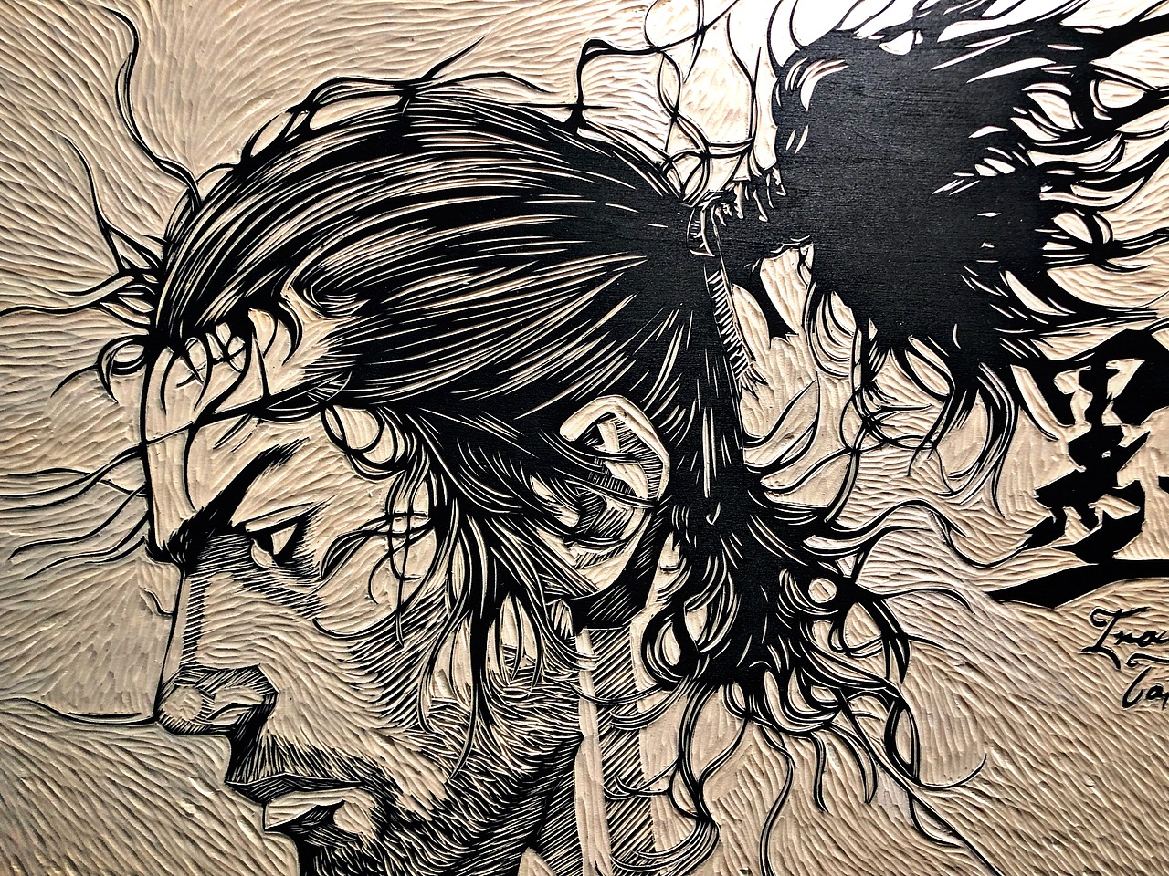 手工黑白木刻版画宫本武藏