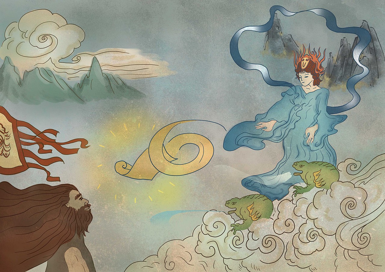 九天玄女驾云前往釜山,送黄帝"玄女战法"一套,以解危局.