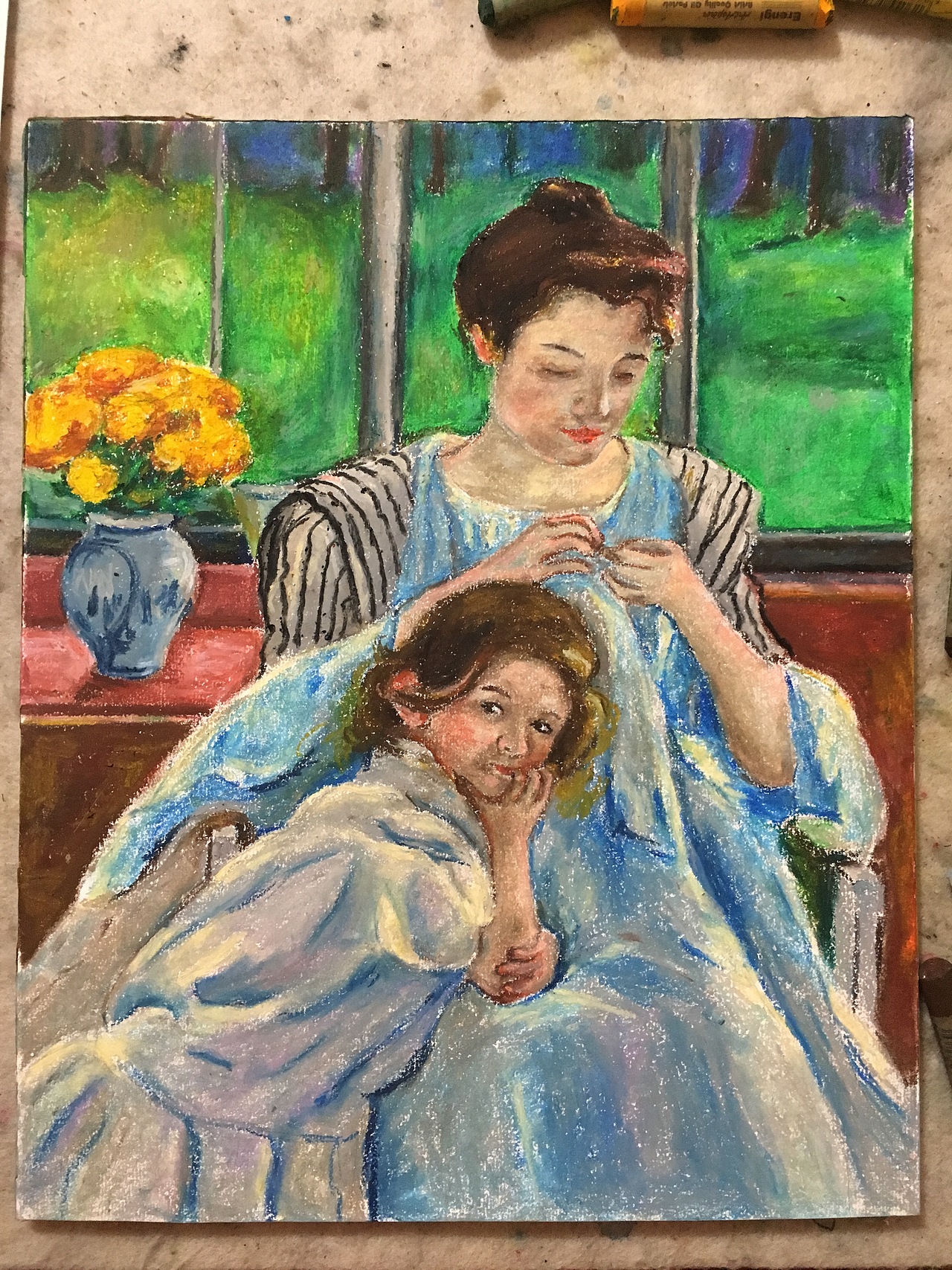 油画棒练习分享之玛丽卡萨特在缝纫的年轻母亲