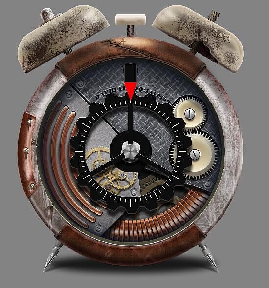 既然做的已经是另类的钟表了,为什么还考虑常规指针呢?
做了个巨大的齿轮指针,工业气质浓厚,材质想成铝板烤漆,做旧后底色为灰色。