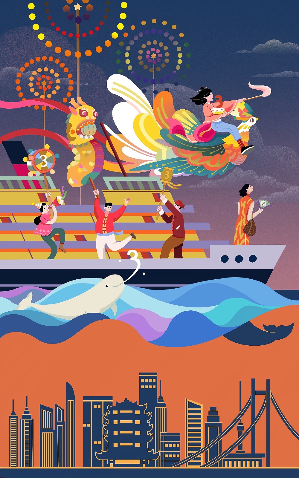 《江上倒影》武汉知音号游轮三周年纪念日系列插画海报