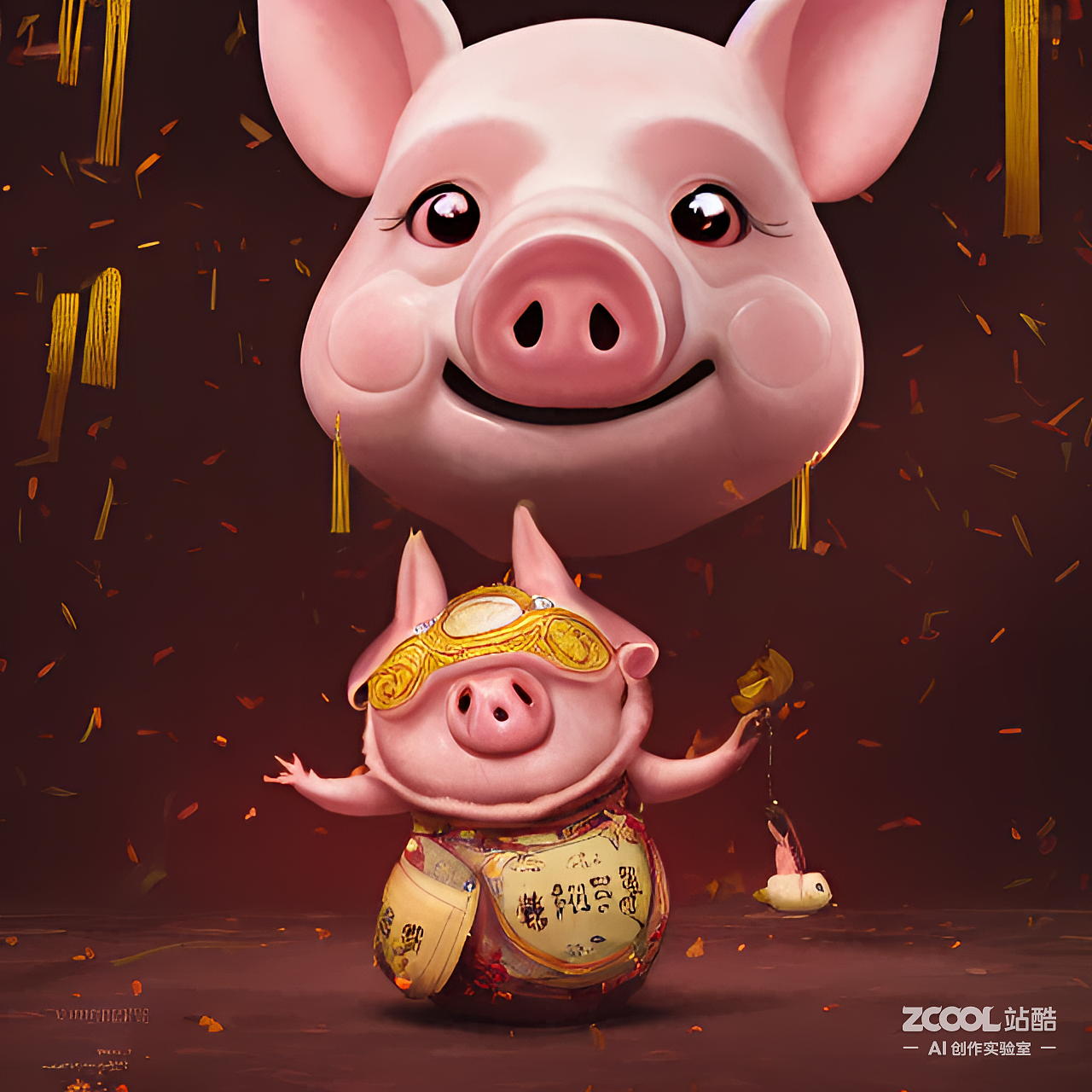 #AI创作实验室#拟人化,可爱的小猪,中国风,喜庆