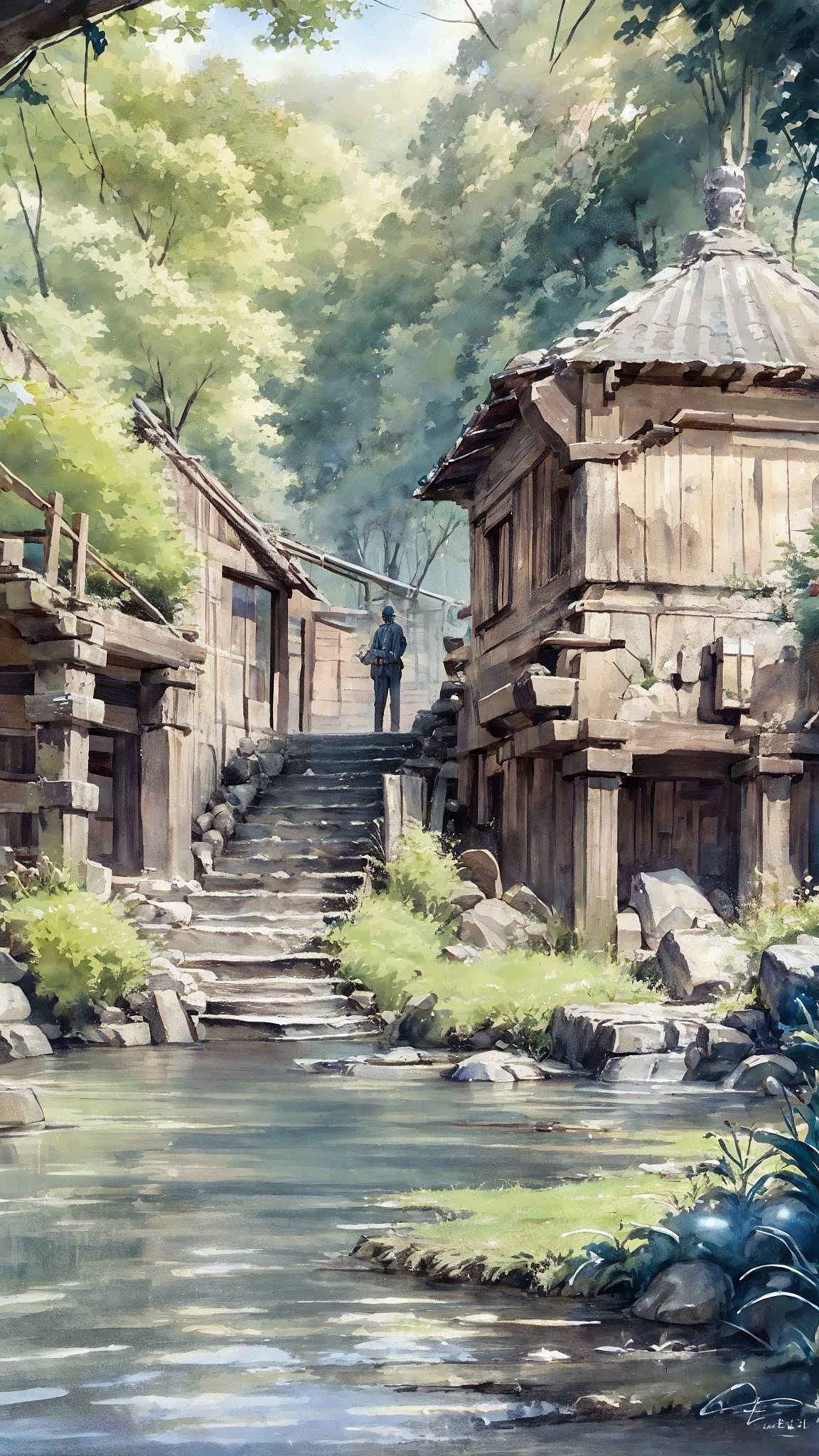 AI原创设计 古村落水彩风格