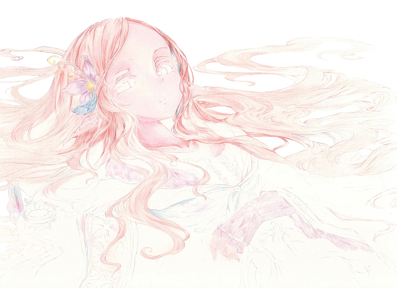 5.继续用棕红色叠加绘画头发颜色以及脖子部位，加深暗的处理，并用蓝灰色压重出靠近脸部暗部头发，作为对比色，接着绘画花瓣和衣服阴影。