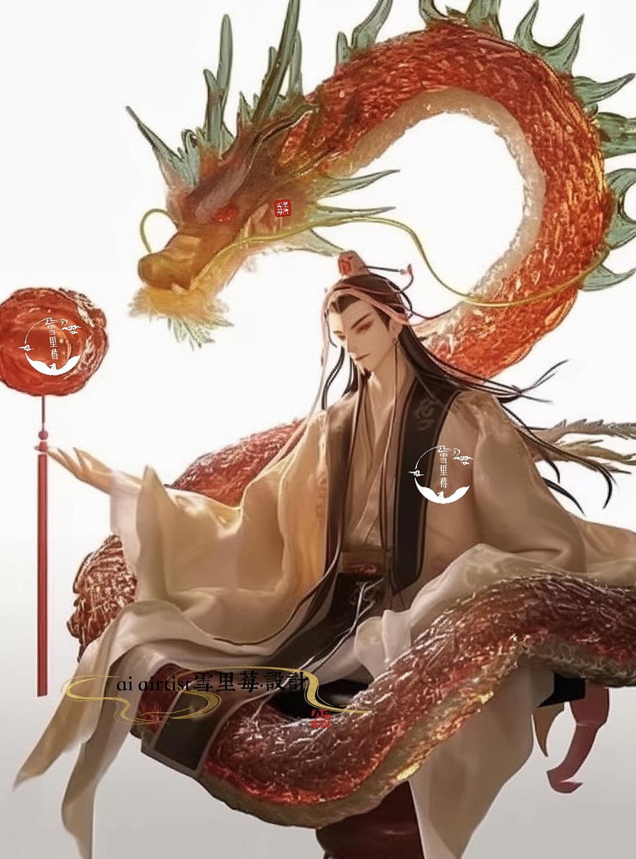 一组中式汉服古风俊男美女骑熊猫乘龙糖塑风格原创设计