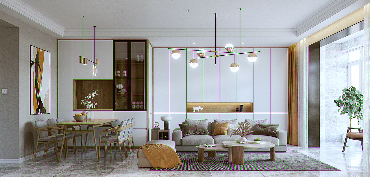 现代家装表现玄关客餐厅主卧