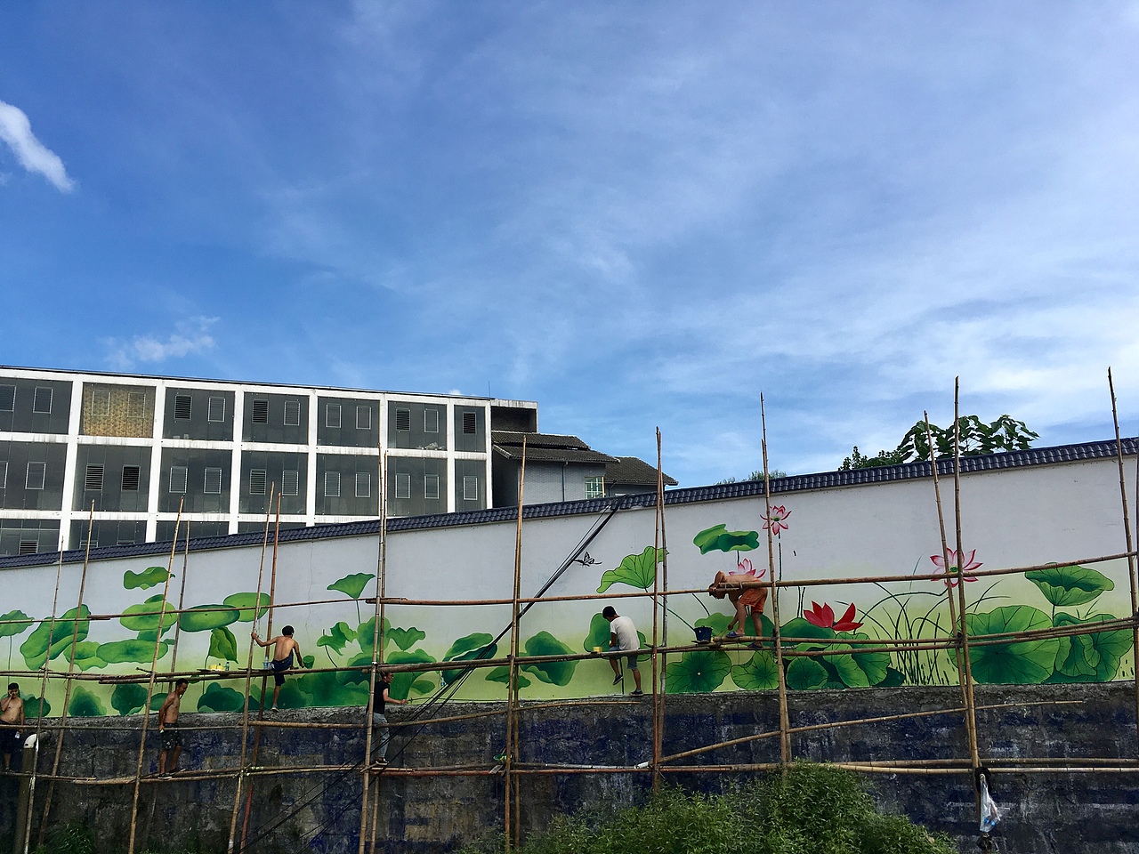 的荷花因湿地公园建设中,暂时搬墙上了_壁尚手绘贵州墙绘-站酷zcool