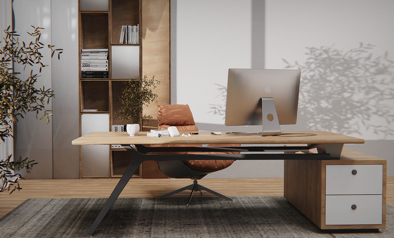 室内办公桌电脑苹果耳机场景