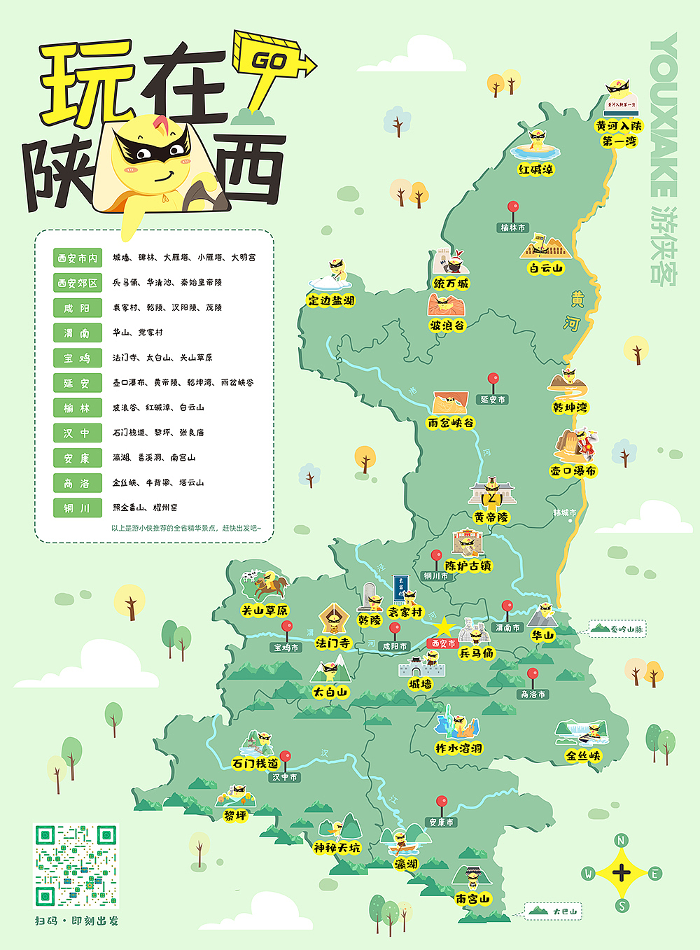 手绘地图陕西景点地图