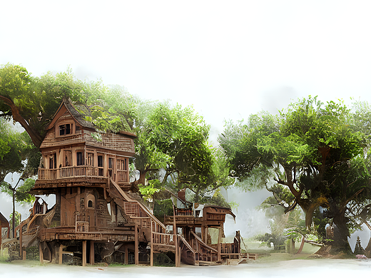 超写实，古树建筑，树上有很多木制树屋，背景是游乐场
