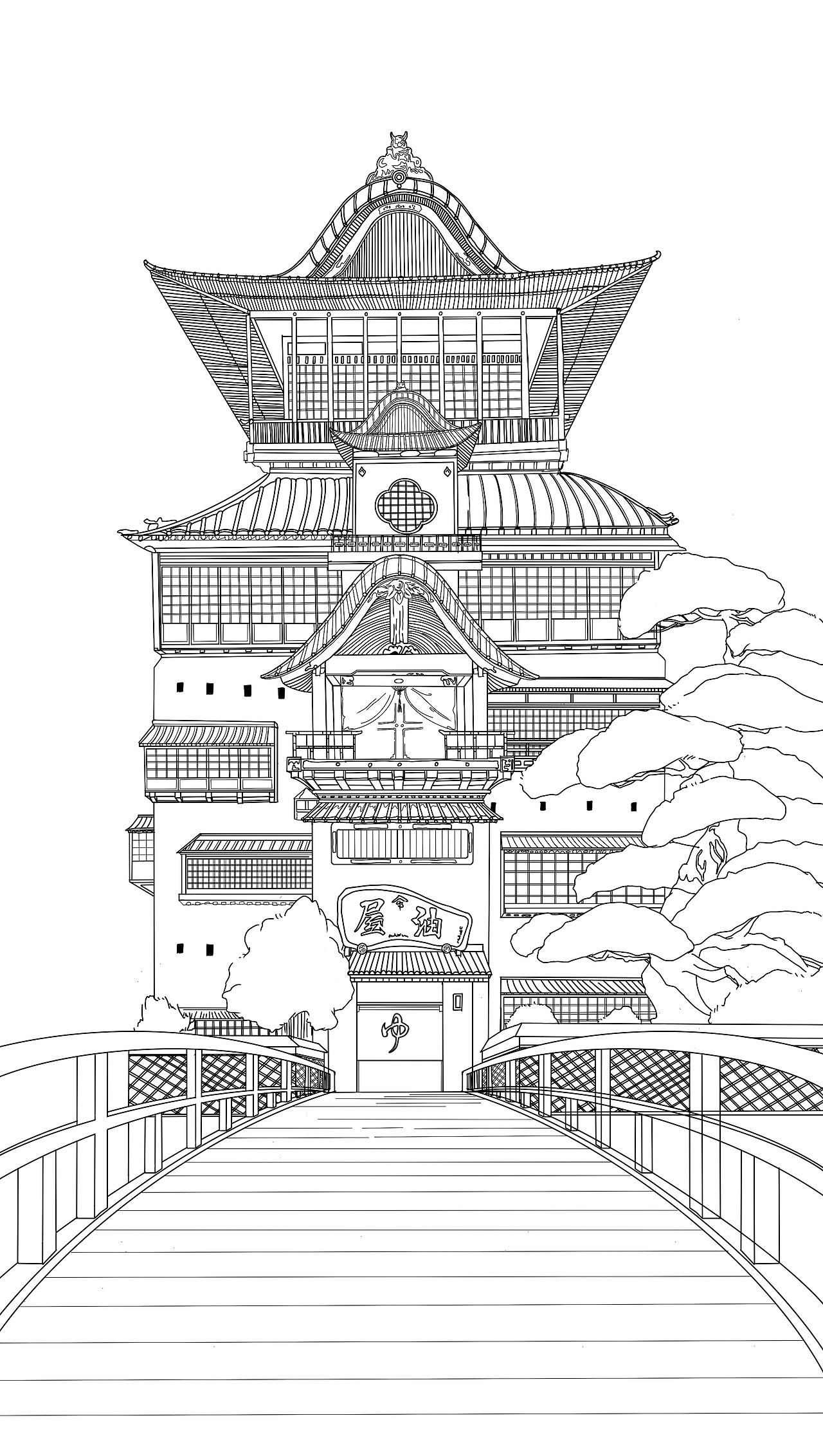 手绘练习-千与千寻建筑线稿