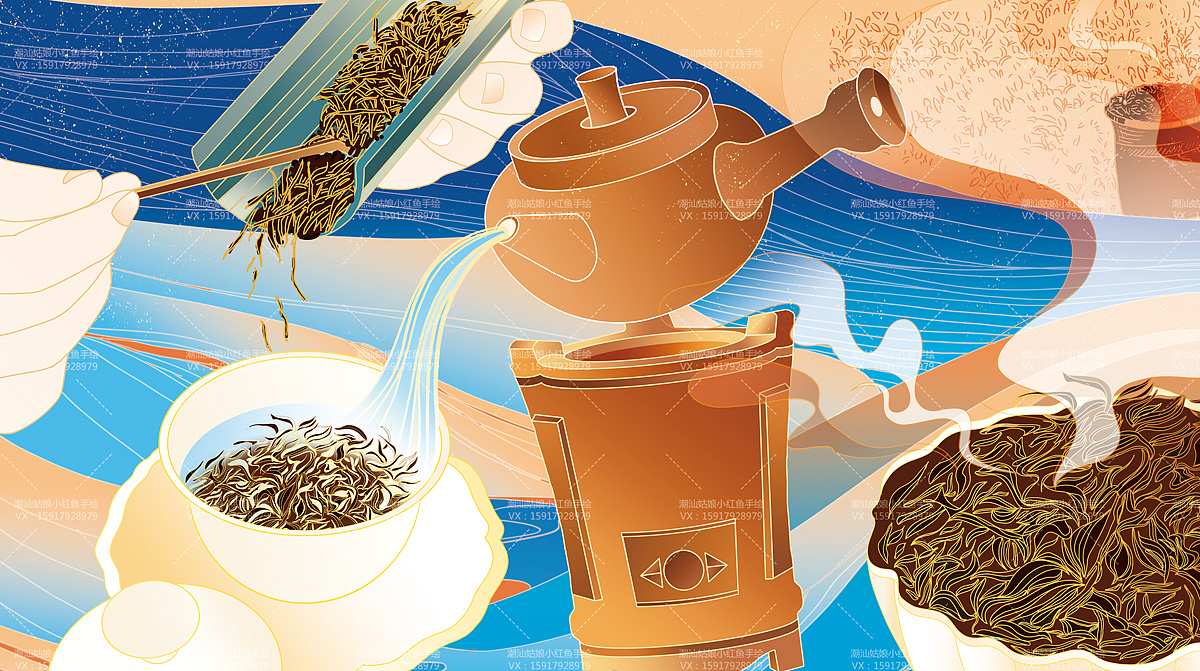 潮汕工夫茶手绘原创插画 潮汕姑娘小红鱼