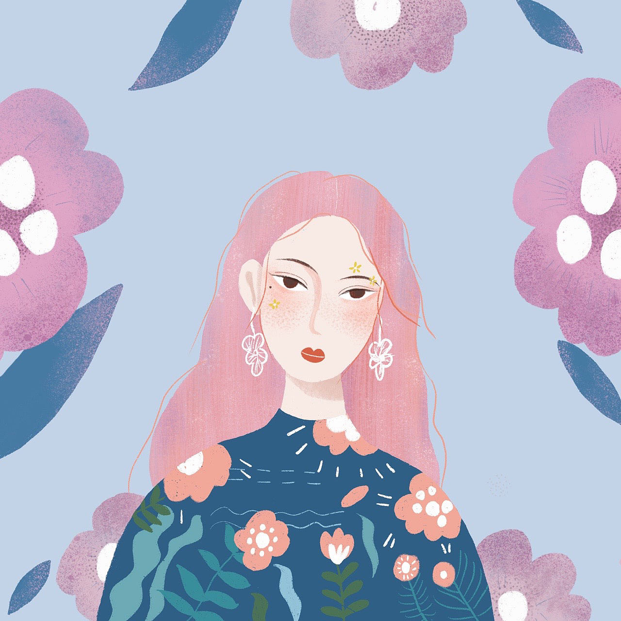 紫色调手绘女孩 植物花卉手绘 少女插画包装素材