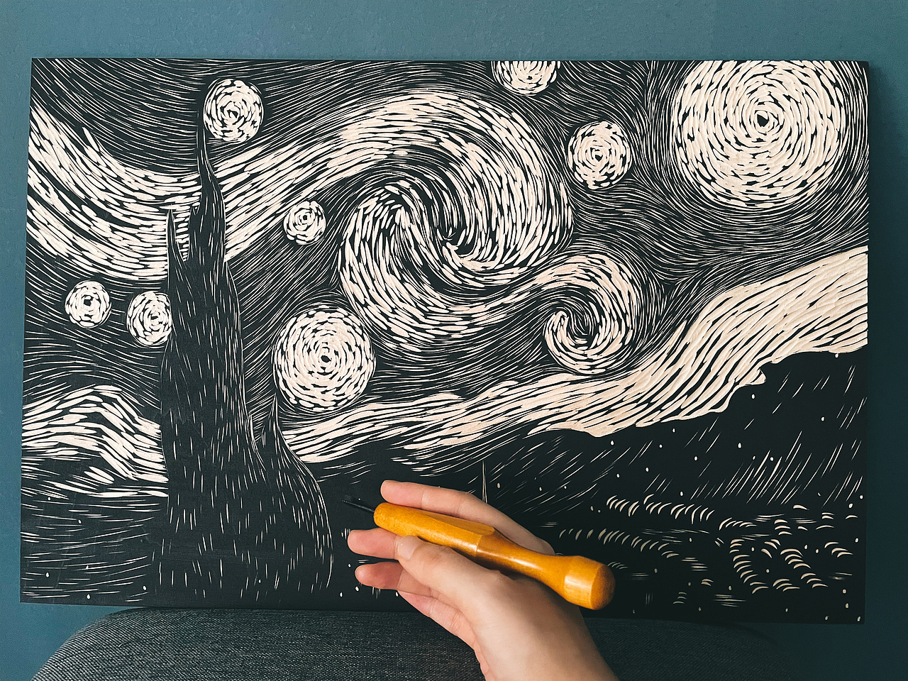 手工雕刻星空·木刻版画制作