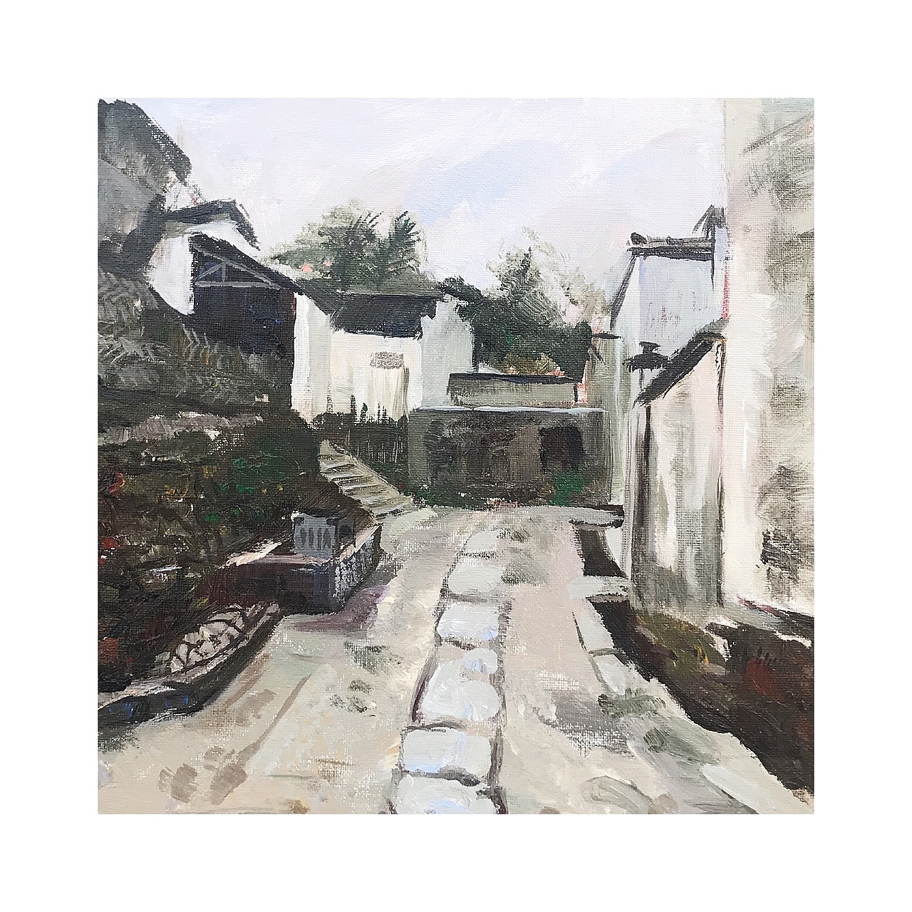 油画风景写生 村庄 宏村