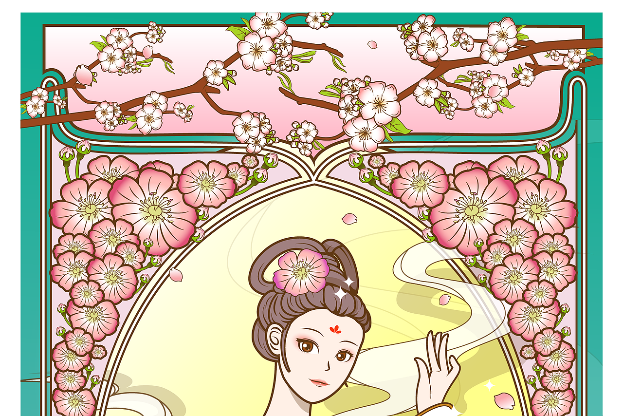 月下芳华-穆夏版式宫廷插画