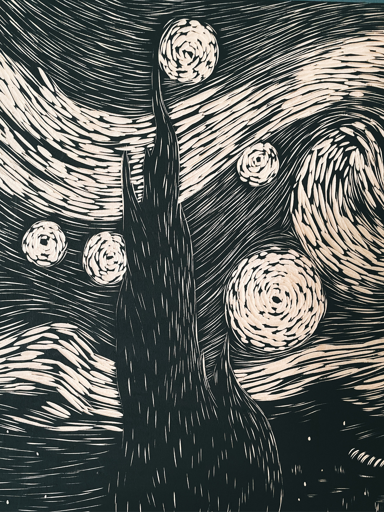 手工雕刻星空·木刻版画制作